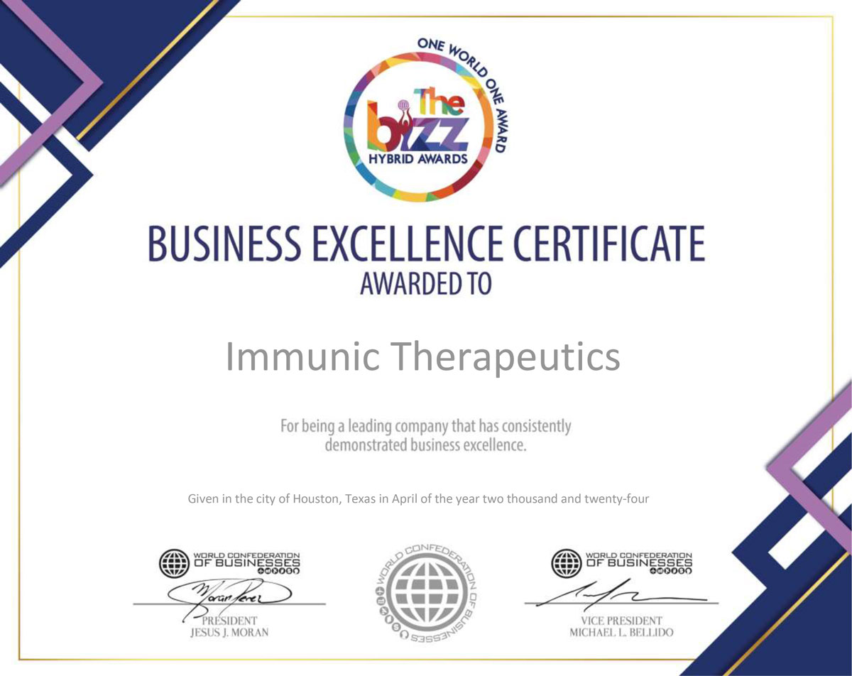 Business Excellence Certificate, The BIZZ Awards Winner in Gold